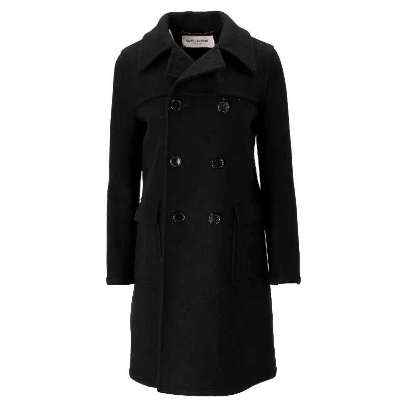 cozy parkas for women -Saint Laurent Double-Breasted Coat in Black Wool