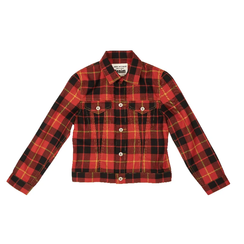 denim jackets for women -Red Tartan Denim Overshirt