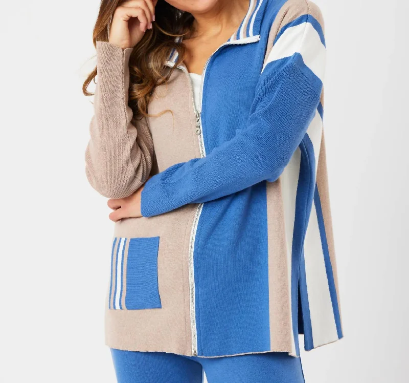 women's coat with detachable hood -Two Tone Stripe Detail Jacket In Denim/multi