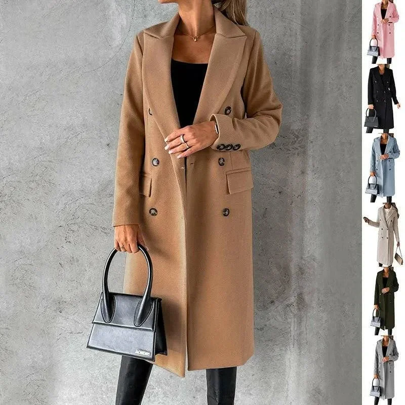 ladies' puffer vests -Long Sleeve Lapel Coat Winter Fashion Solid Double Breasted Slim Long Jacket Womens Clothing