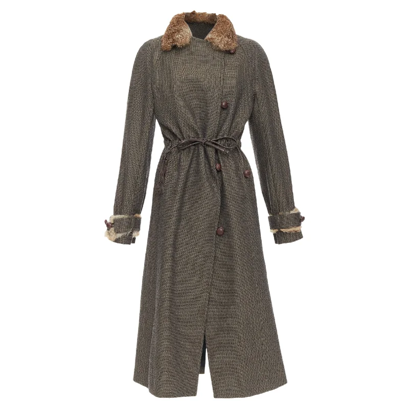 hooded winter coats for women -Yves Saint Laurent Vintage brown wool tweed fur trim maxi coat