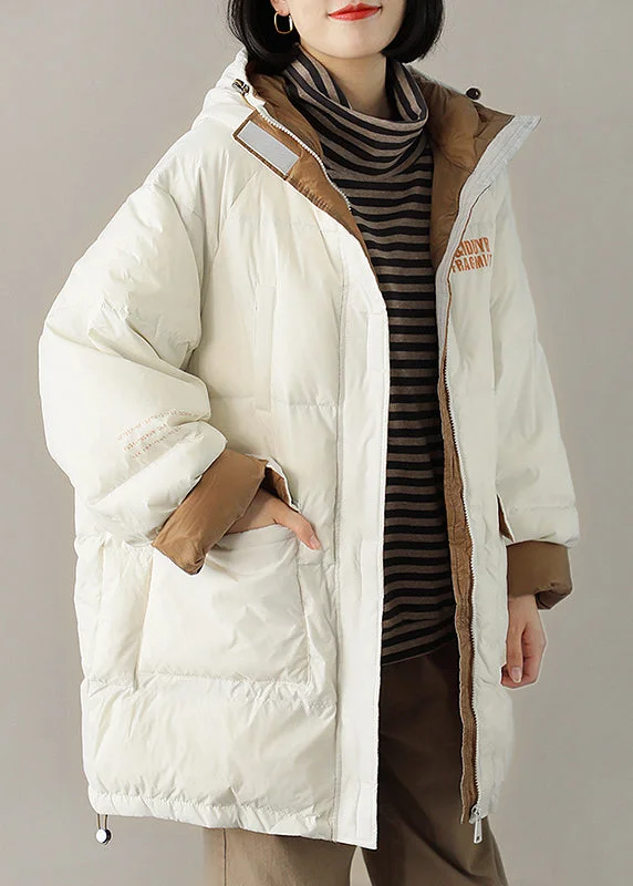 elegant coats for women -Chic White hooded Pockets Casual Winter Down Coat