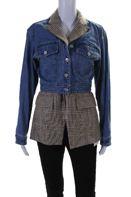 warm winter jackets for women -Veronica Beard Womens Glen Plaid Layered Jean Jacket Blue Brown