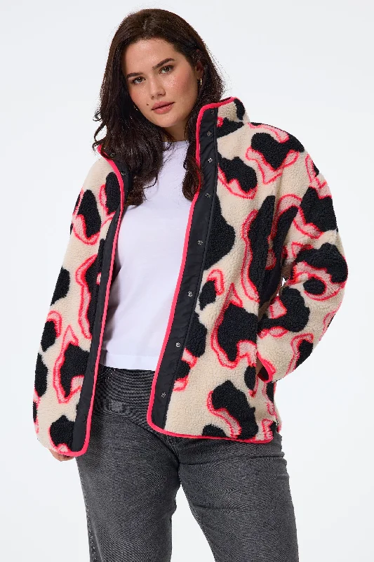 faux leather jackets for women -Cream with Coral and Black Mega Shadow Leopard Button Through Fleece Jacket