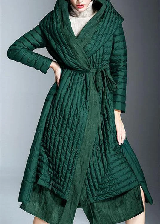 chic woolen coats for ladies -Chic Green Pockets Print Winter Duck Down down coat