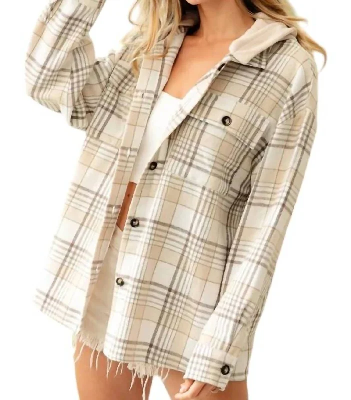 ladies' fur-lined coats -Hooded Flannel Jacket In Oatmeal Multi