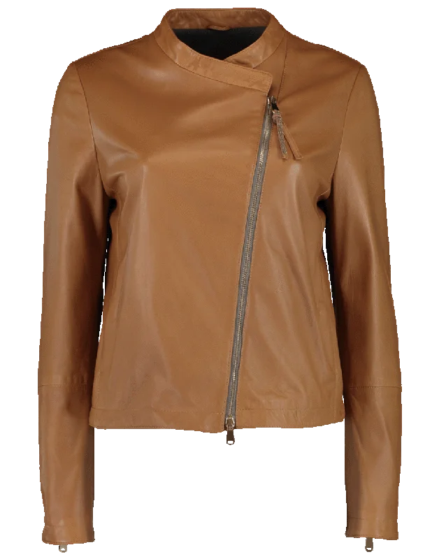 ladies' trench jackets -Leather Asymmetrical Zip Jacket