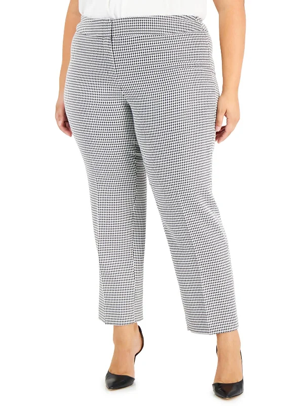 casual trousers for women -Plus Womens Mid Rise Houndstooth Straight Leg Pants