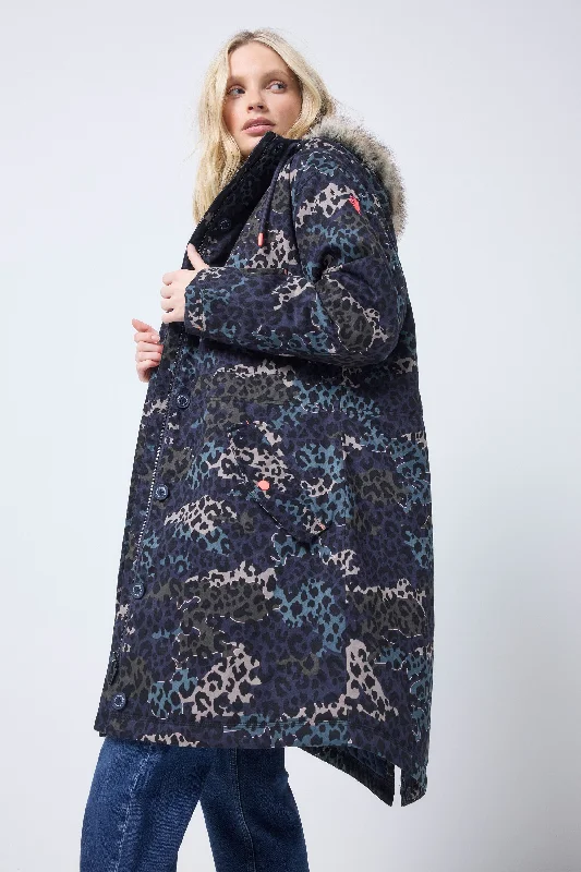 women's fur coats -Navy Wild Camo Parka