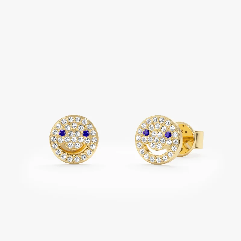 women’s feather earrings -Diamond Sapphire Happy Face Studs, Joy