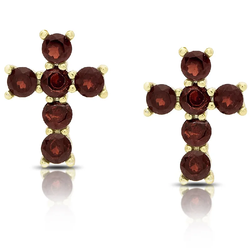 women’s sparkly earrings -Dolce Giavonna Gold Over Silver Garnet Cross Stud Earrings