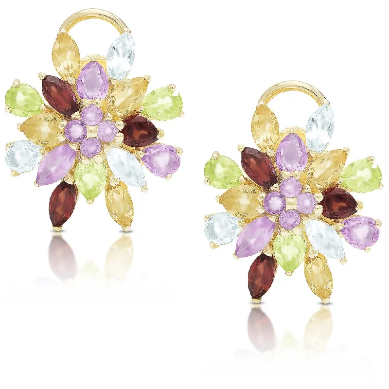 women’s silver drop earrings -Dolce Giavonna Gold Over Sterling Silver Multi Gemstone Flower Stud Earrings