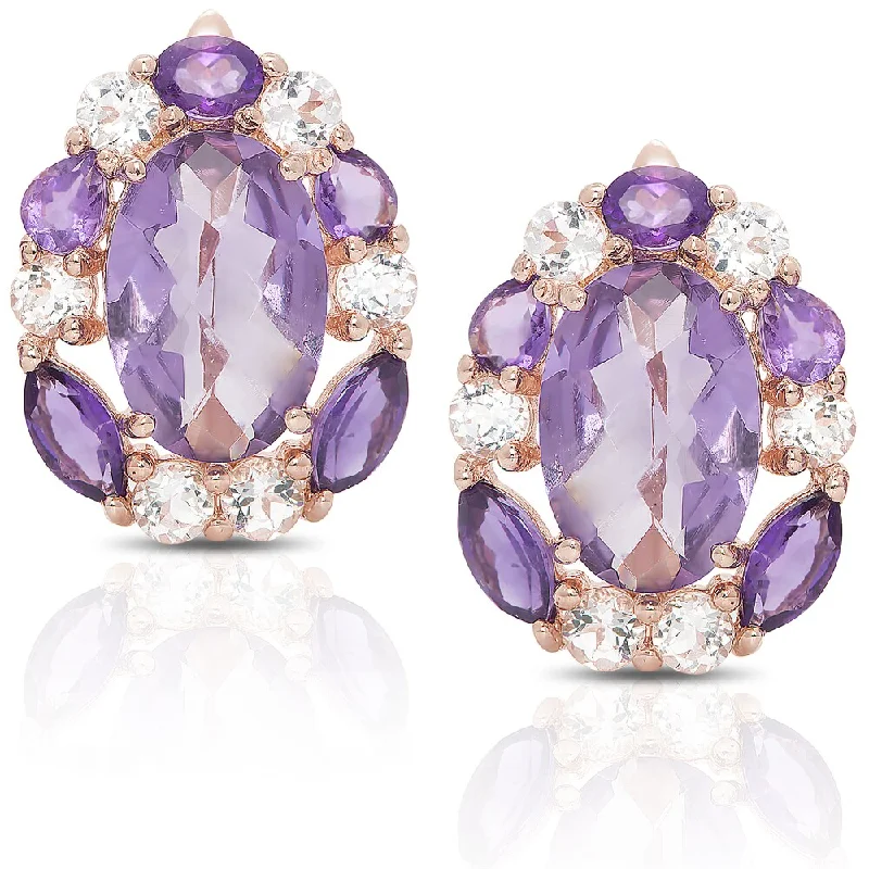 women’s boho chic earrings -Dolce Giavonna Rose Gold Over Sterling Silver Amethyst and Cubic Zirconia Stud Earrings