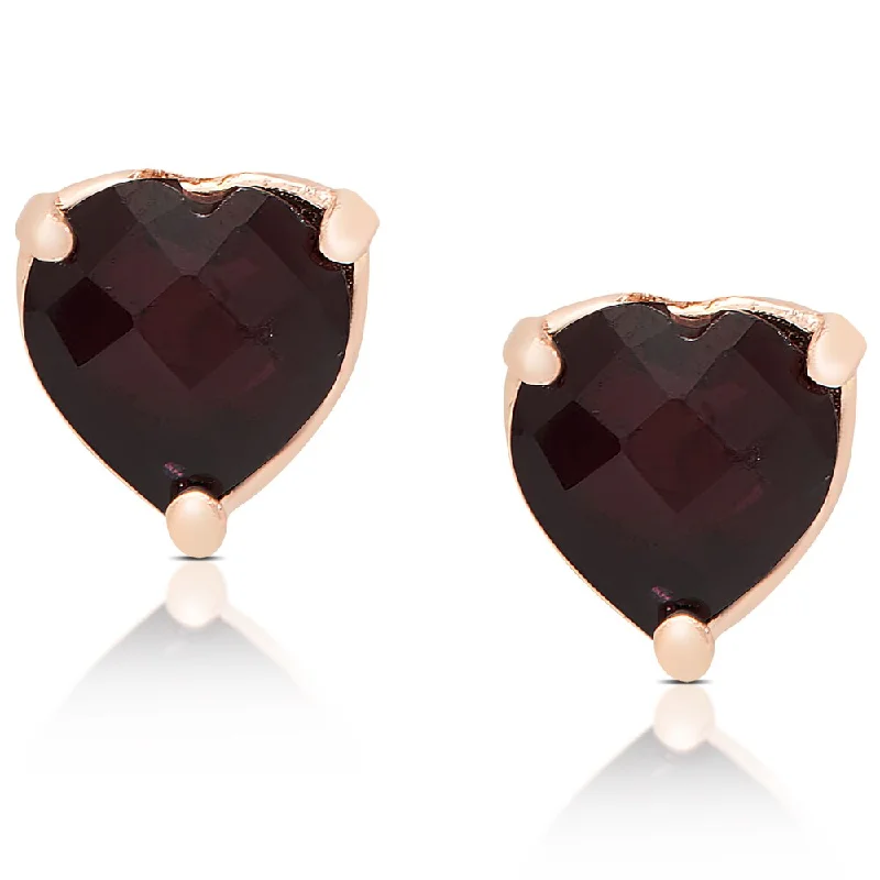 crystal earrings for women -Dolce Giavonna Rose Gold Over Sterling Silver Garnet Heart Design Stud Earrings