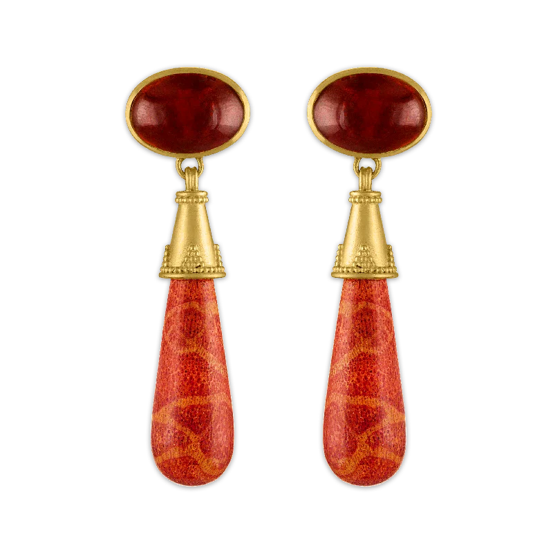 women’s beachy earrings -Garnet and Coral Granulated Amphora Earrings