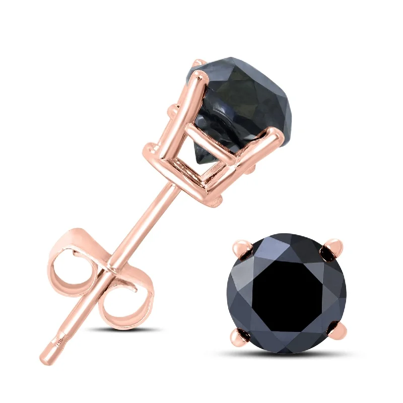 crystal earrings for women -Marquee 1 Carat TW Round Black Diamond Solitaire Stud Earrings in 10K Rose Gold