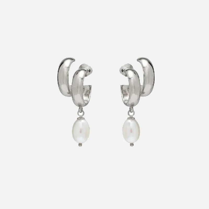 pearl earrings for women -Pearl Stack Hoops in Silver