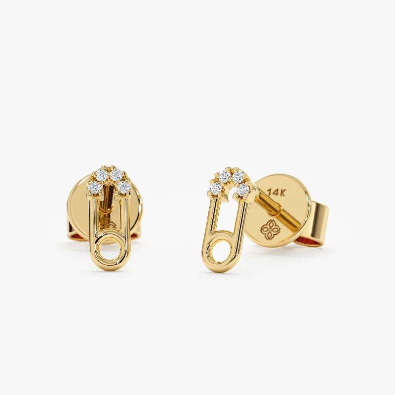 women’s ear jackets -Solid Gold Diamond Safety Pin Studs, Trixie