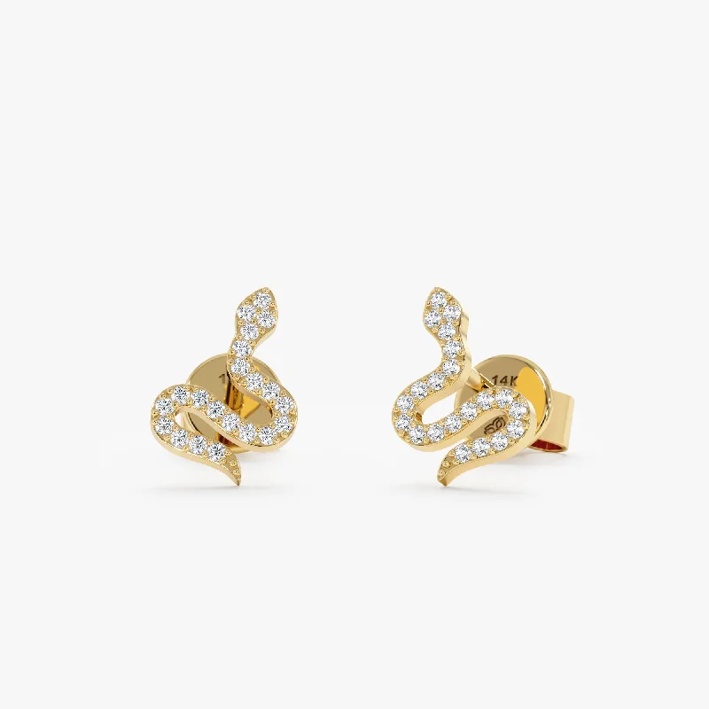 women’s fashion earrings -Solid Gold Diamond Snake Studs, Serpe