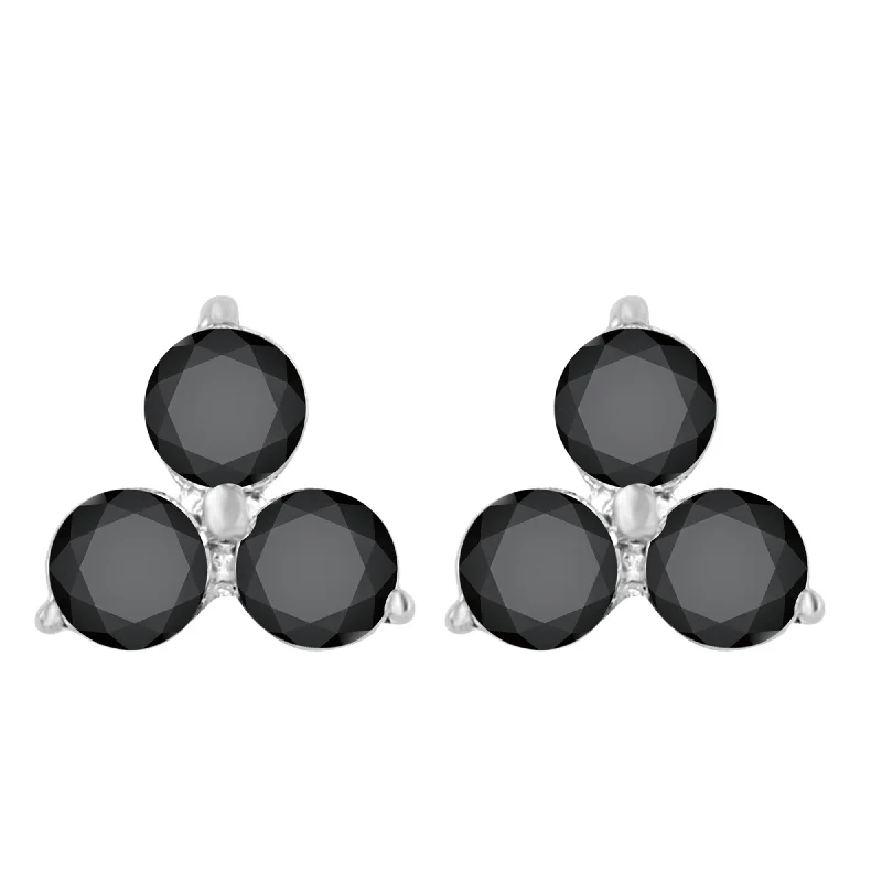 bold earrings for women -Sterling Silver with Genuine Black Diamond 3- Stone Stud Earring