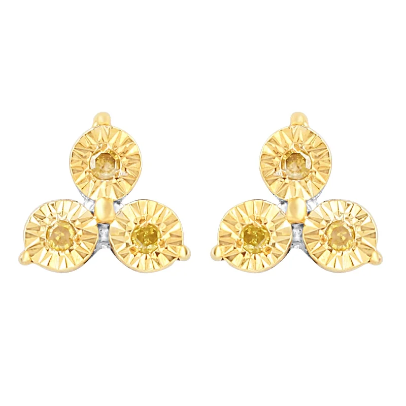 women’s boho chic earrings -Two Tone with Natural Yellow Diamond Three Stone Stud Earring