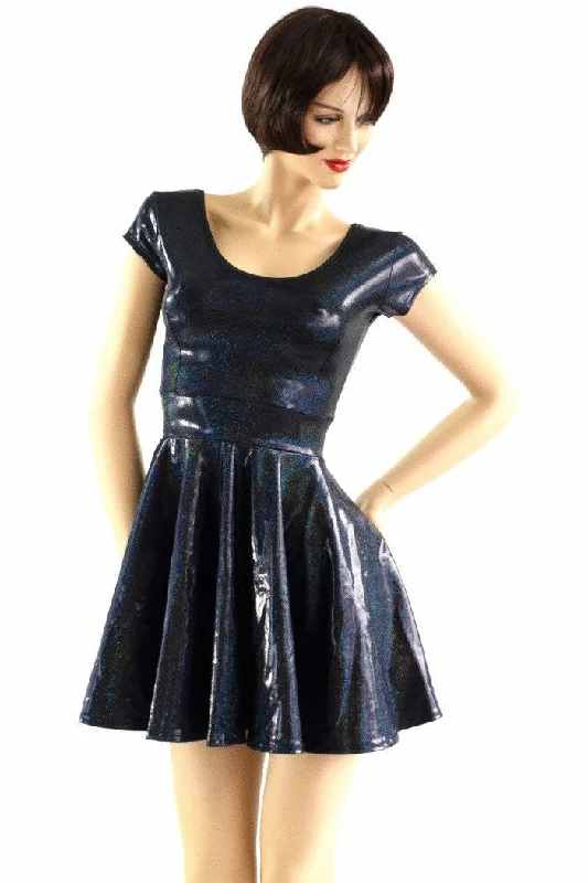 women's summer dresses -Black Holographic Cap Sleeve Skater Dress