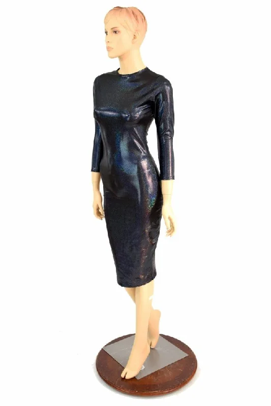 casual dresses for women -Black Holographic Crew Wiggle Dress