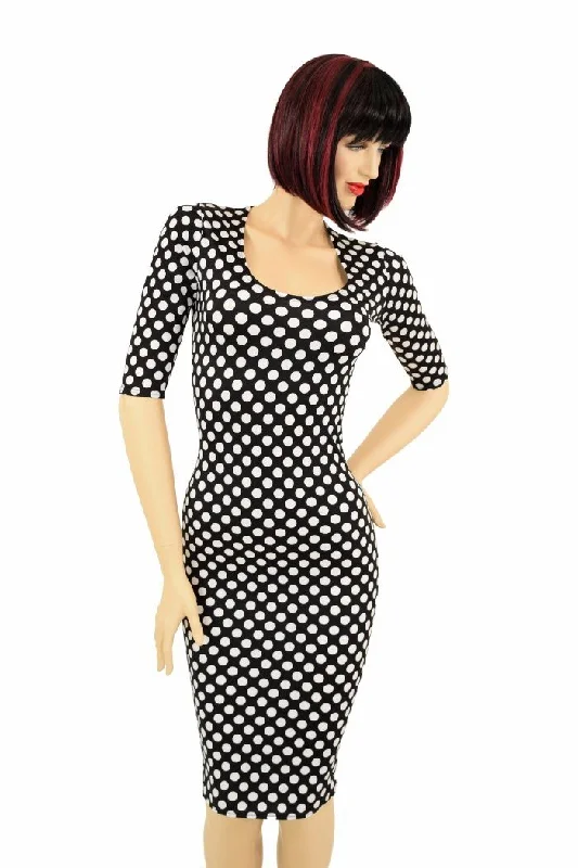 pencil dresses for women -Black & White Polka Dot Wiggle Dress