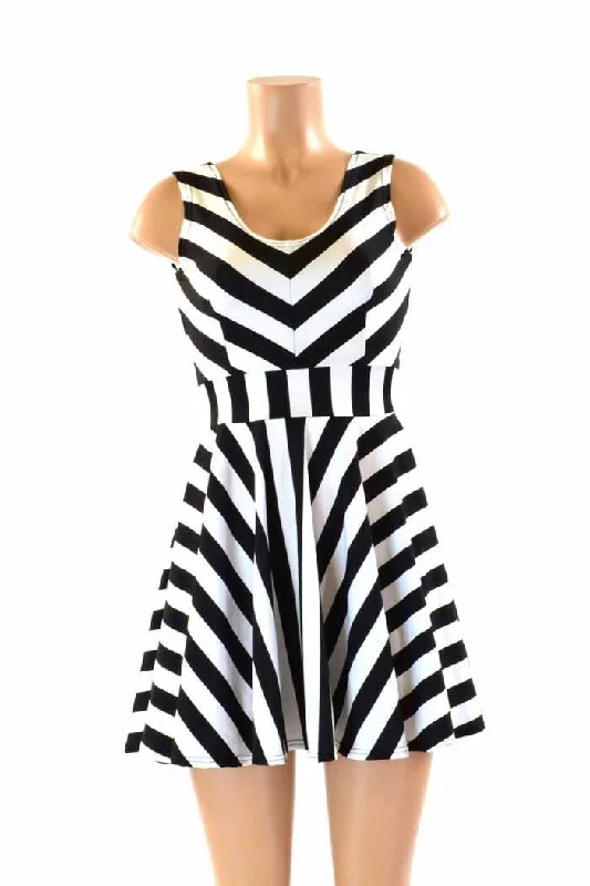 women’s backless dresses -Black & White Striped Skater Dress