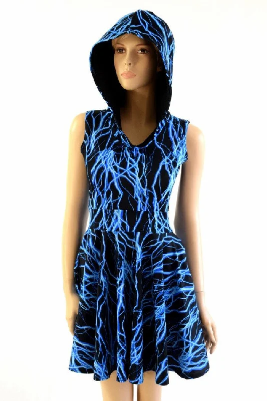 A-line dresses for women -Blue Lightning Pocket Hooded Skater Dress