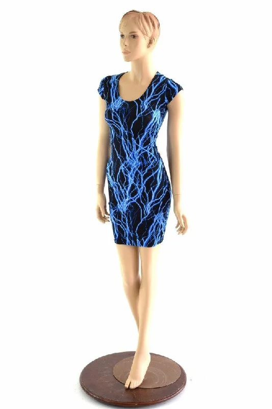 halter dresses for women -Blue Lightning Cap Sleeve Dress