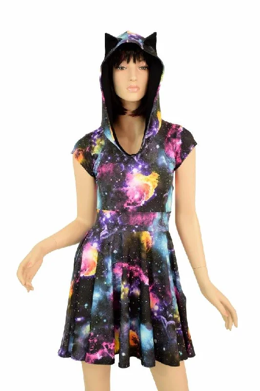 women’s skater dresses -Cap Sleeve Galaxy Cat Skater Dress