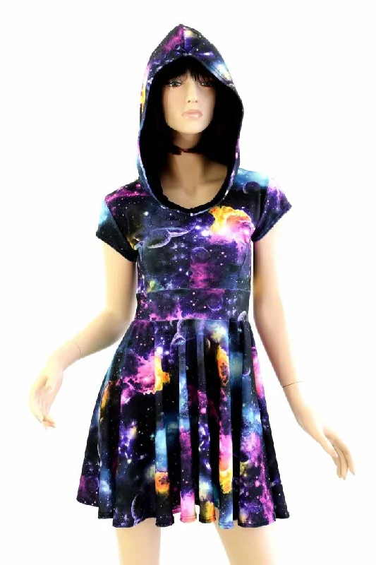 women’s backless dresses -Cap Sleeve Galaxy Hooded Skater Dress