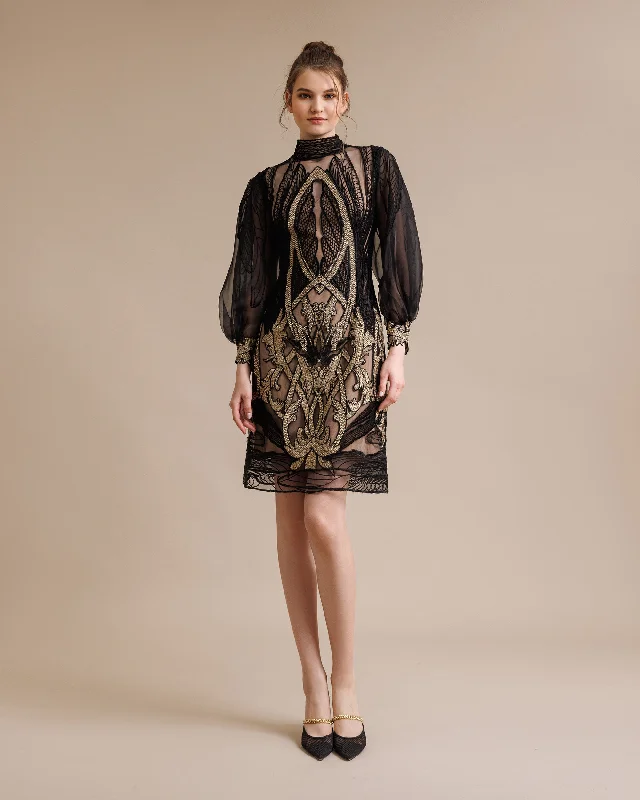 women’s belted dresses -Embroidered Puffed Sleeves Dress