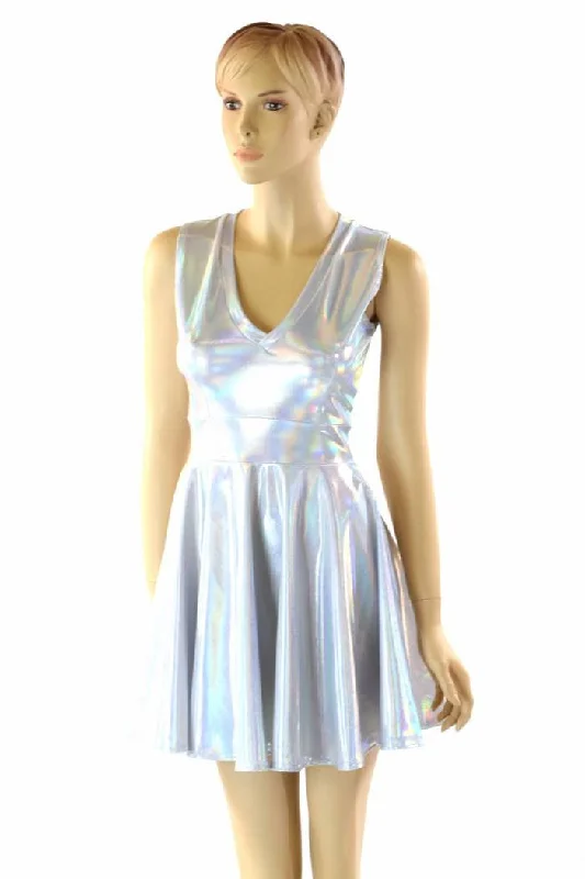 women’s square neck dresses -Holographic V Neck Skater Dress