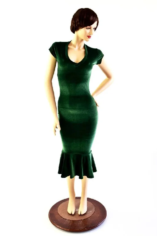 women’s t-shirt dresses -Green Velvet Ruffled Wiggle Dress