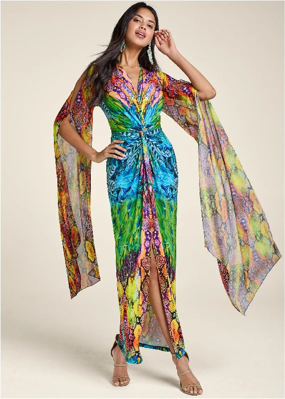 women’s long formal dresses -Exaggerated Sleeve Dress - Blue Multi