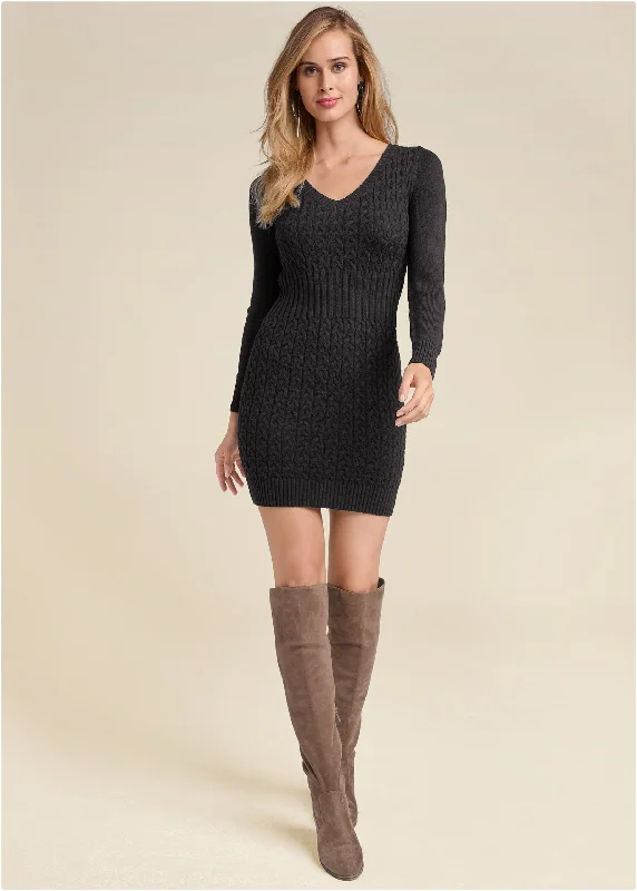 women's party dresses -Cable Knit Sweater Dress - Black