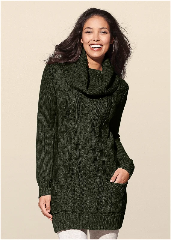 women’s chiffon dresses -Cozy Sweater Dress - Olive