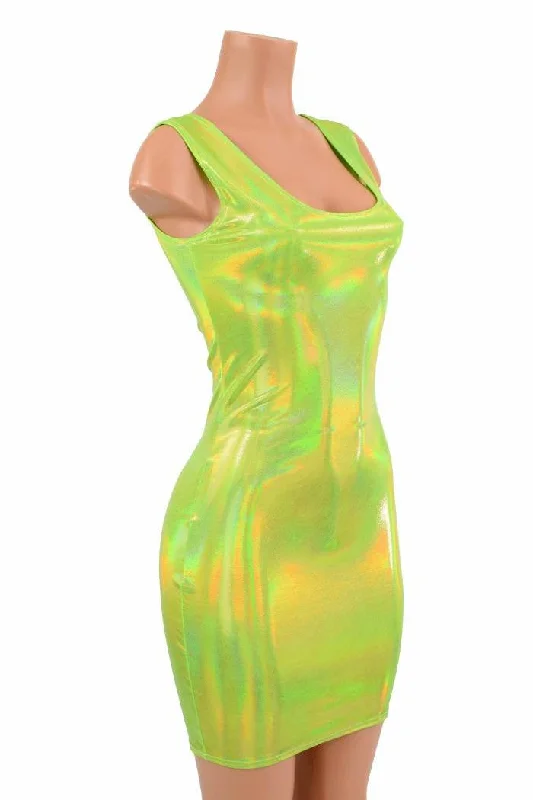 casual maxi dresses for women -Lime Green Holographic Tank Dress