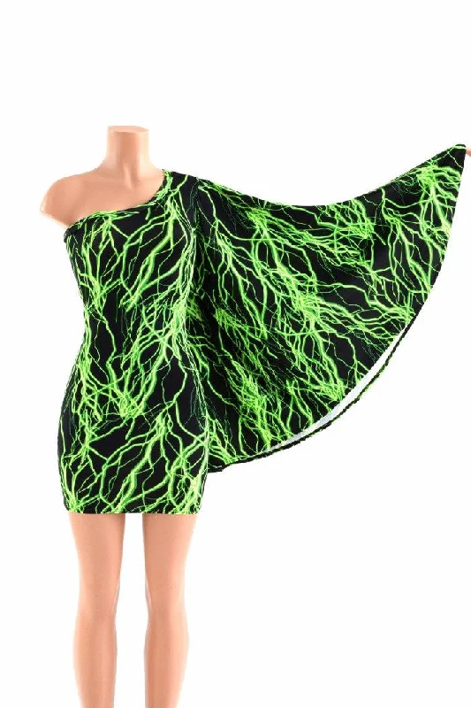 strapless dresses for women -Neon Lightning One Shoulder Fan Sleeve Dress