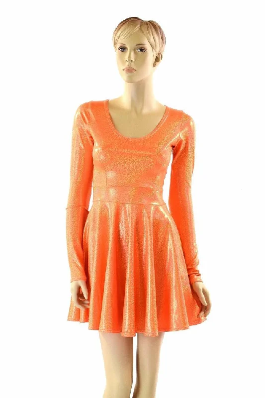 women’s spaghetti strap dresses -Orange Holographic Skater Dress