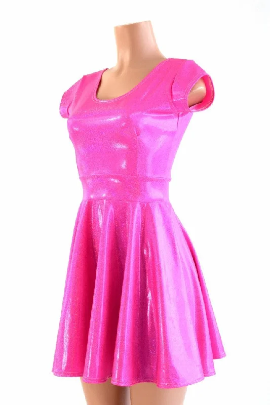 women’s pleated mini dresses -Neon Pink Holographic Skater Dress