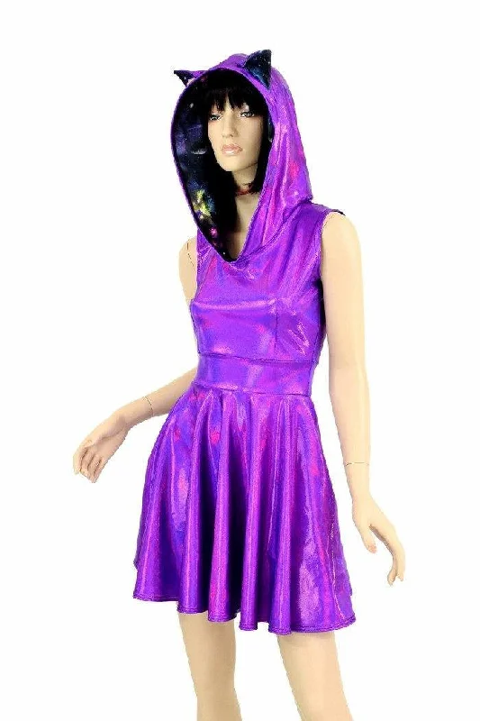 women’s square neck dresses -Purple Kitty Hoodie Skater Dress