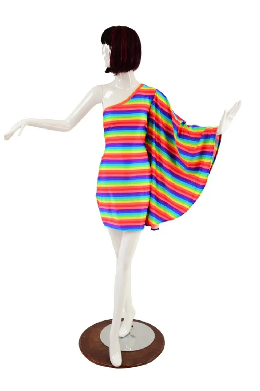 women’s chiffon dresses -Rainbow One Shoulder Fan Sleeve Dress