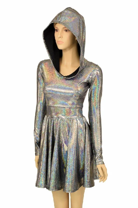 women’s wrap maxi dresses -Silver Holo Hoodie Skater Dress