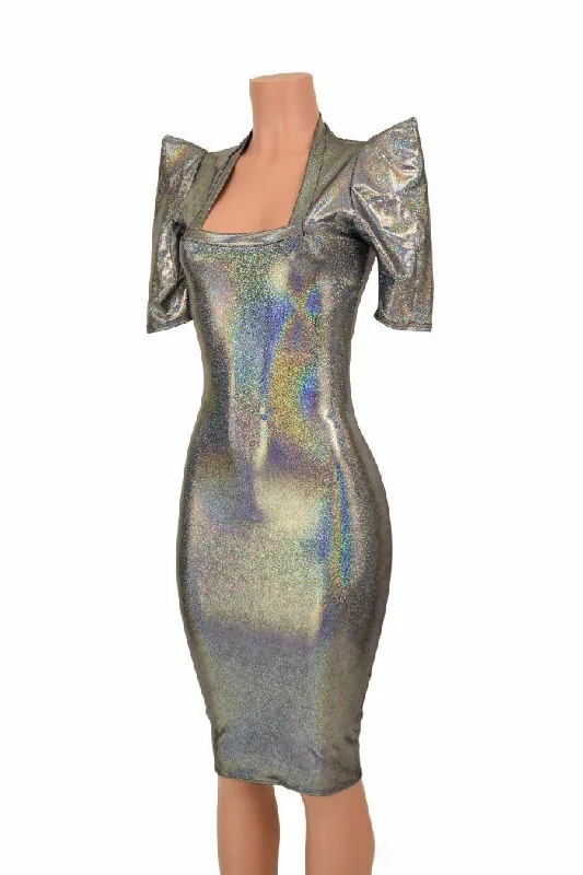 women’s satin dresses -Silver Holo Sharp Shoulder Dress