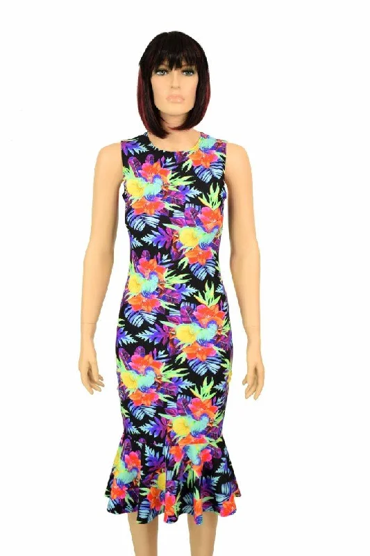 pencil dresses for women -Sonic Bloom Ruffled Wiggle Dress