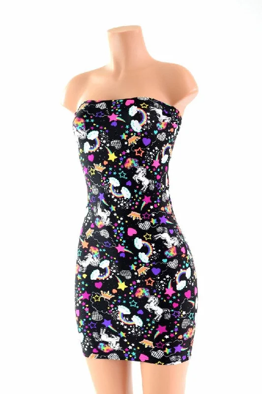 short dresses for women -Strapless Unicorn & Rainbow Print Dress