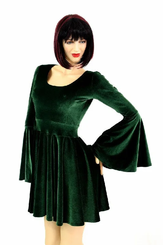 women’s button-down dresses -Green Velvet Trumpet Sleeve Skater Dress